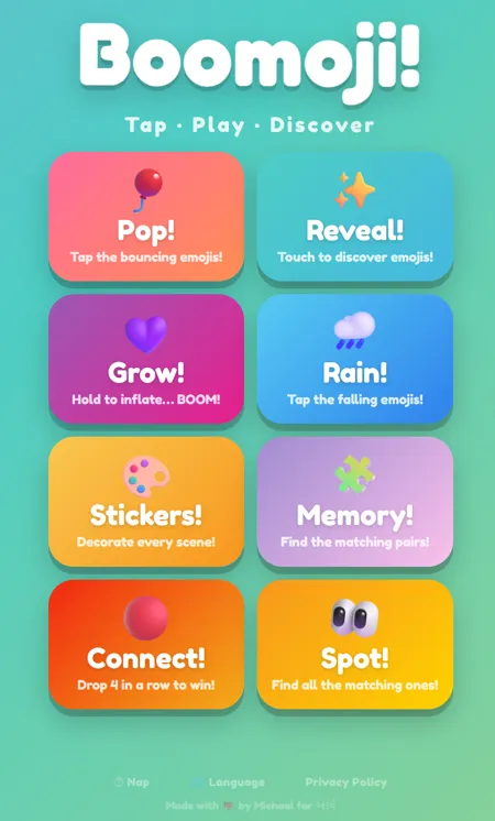 Boomoji progressive web app home screen showing eight colourful emoji game modes