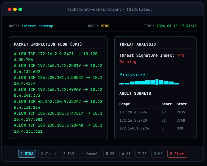 Bosskey terminal user interface simulated workload dashboard with NIDS threat analysis and sparklines