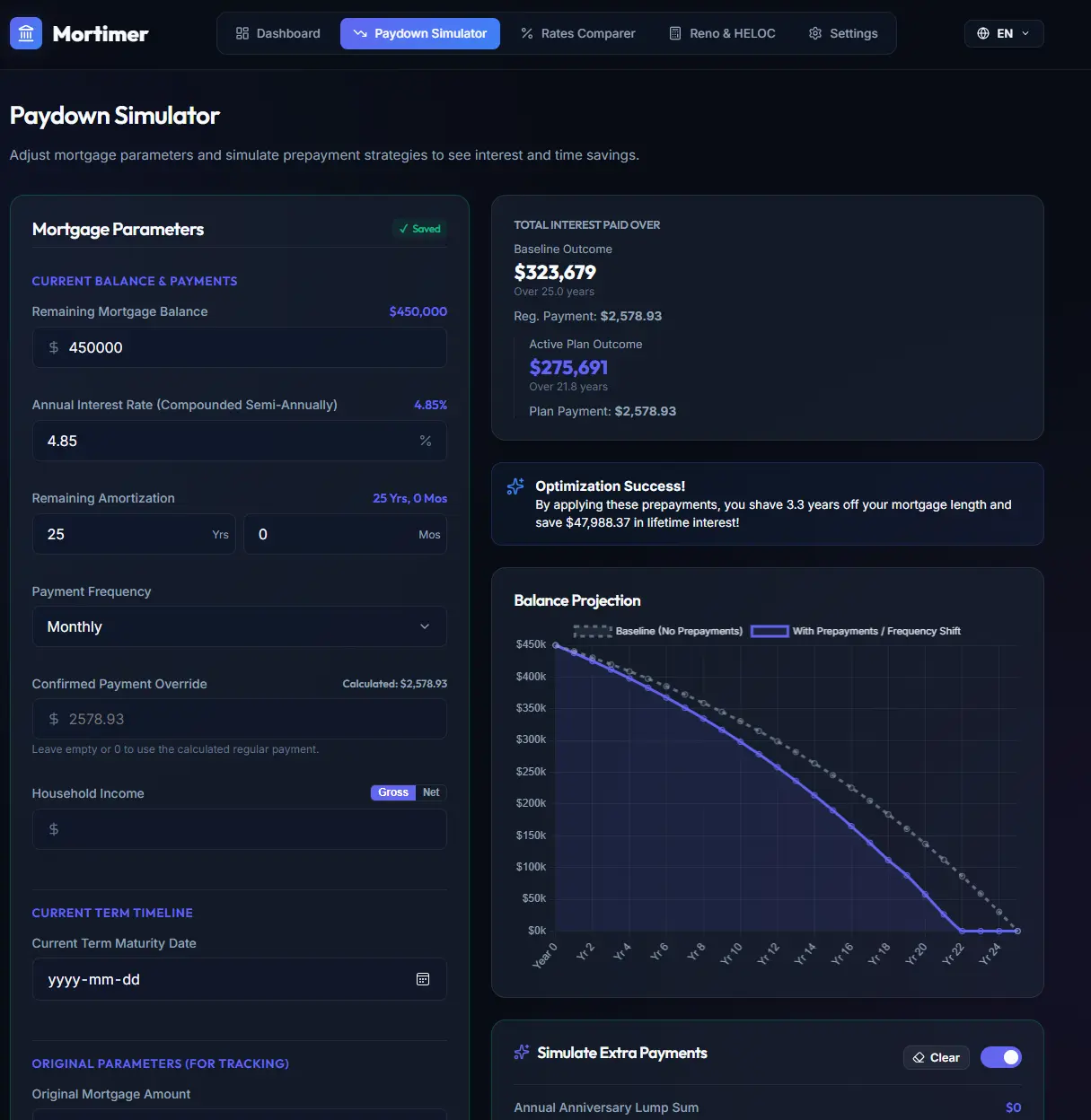 Mortimer mortgage paydown simulator and calculator dashboard showing amortization and statistics