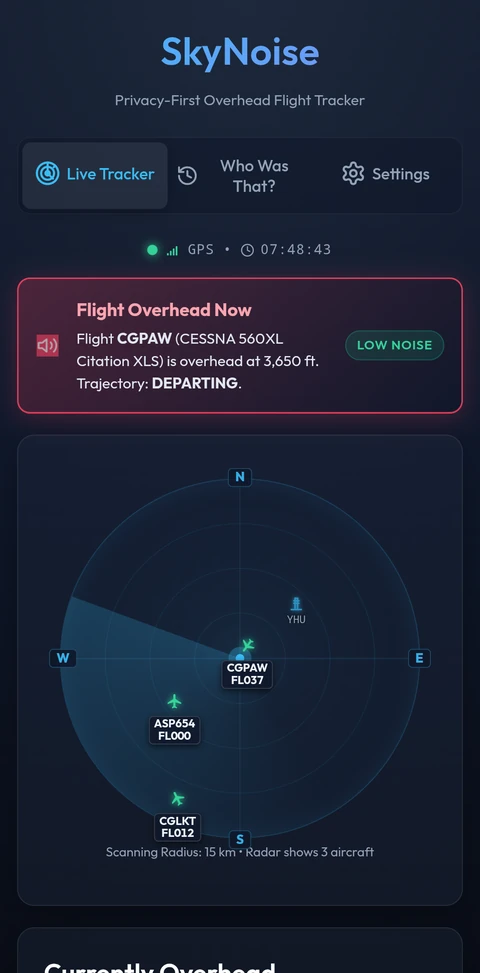 SkyNoise radar flight tracker showing real-time aircraft overhead with noise impact analysis